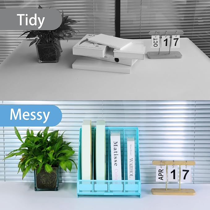 Desk Organizers Metal Magazine File Holder Racks Desktop Folder Storage Binder Organiser Document Organization for Home Office & Classroom,4 Vertical Compartments-Blue
