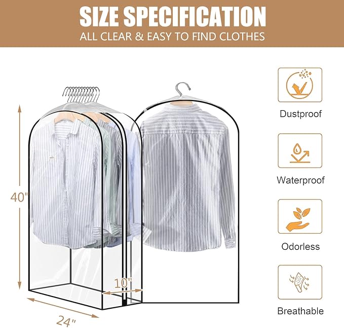5 Pack 40" All Clear Garment Bags for Hanging Clothes Storage, 10" Gusseted Large Capacity Garment Rack Cover, Large Hanging Clothing Bag for Dress Gowns, Coats, Suit, Down Jacket