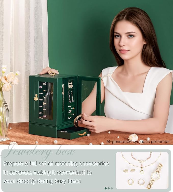 Enthralite Luxury Jewelry Box for Women: 360° Rotating with Clear Window | Compact Jewelry Storage with Drawer - Necklace Ring Organizer with Compartments - Elegant Earring Holder Display Great Gift