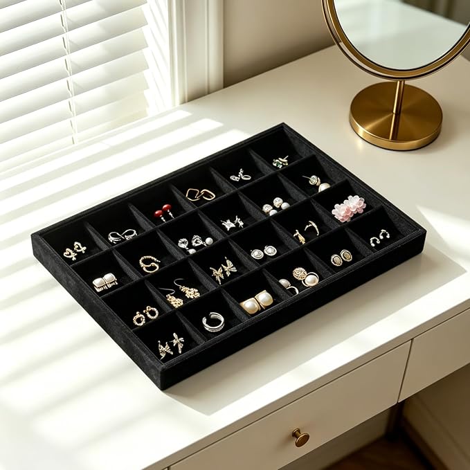 Large Stackable Jewelry Tray 4 Pack Velvet Jewelry Display Drawer Inserts Trays Organizer for Earring Bracelet Necklace Ring (Black, 12 Grids)