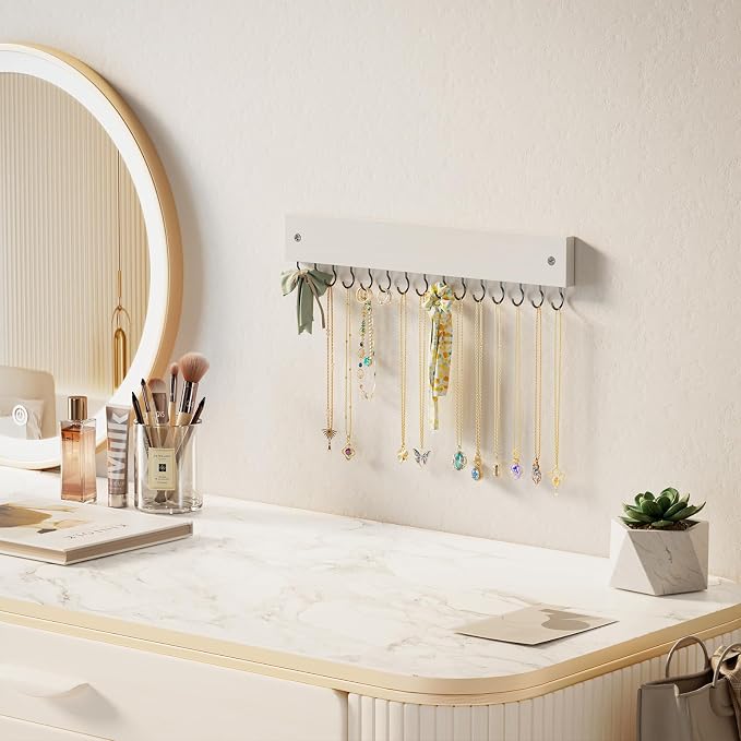 Lolalet Wooden Necklace Holder for Wall with 15 Hooks -White | Wall Mount Jewelry Hangers for Necklaces, Chains, Bracelets and Earrings, Tangle-free, Easy to Install