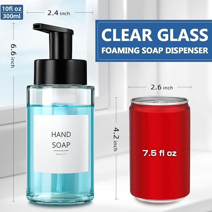 RYTOXILO Foaming Soap Dispenser, 10 oz/300ml Foaming Hand Soap Dispenser, 3 Pack Glass Foaming Soap Dispenser for Bathroom & Kitchen, Clear Refillable Foam Soap Dispenser Bottle with Waterproof Labels