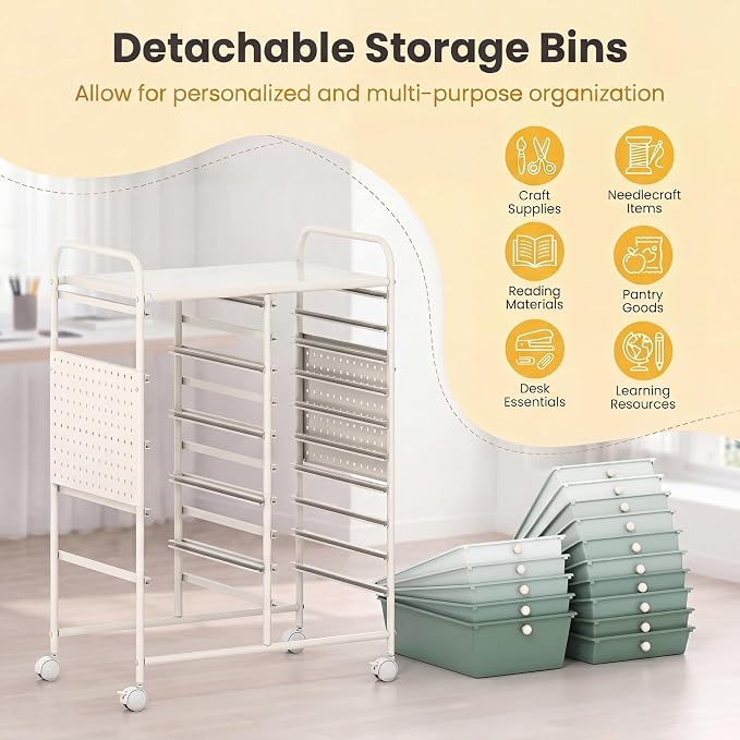 DREAMADE 15-Drawer Rolling Storage Cart, Craft Cart, Gradient Green | Mobile Utility Cart with Metal Pegboard Panels, Tabletop and Lockable Wheels for Classroom, Office, Studio and Playroom