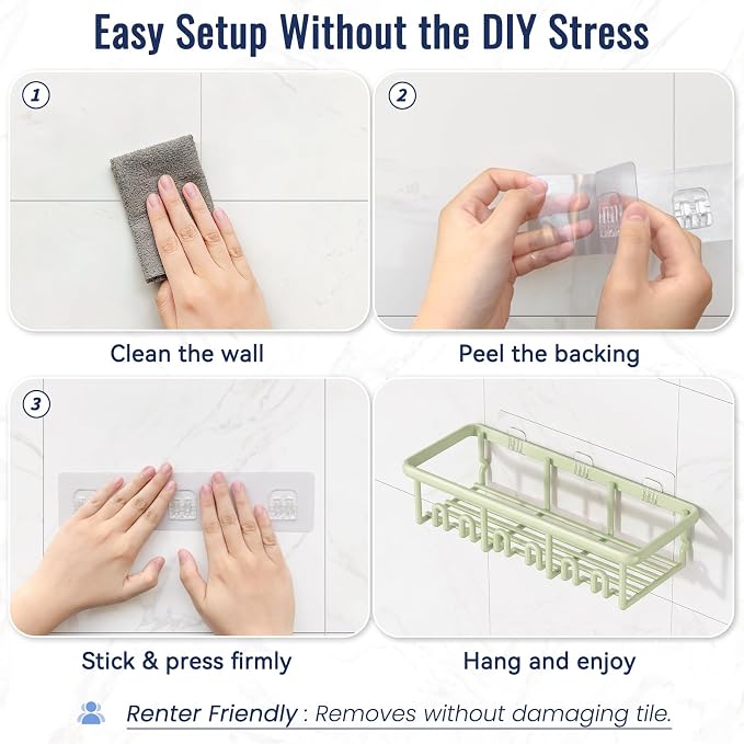 8 Pack Adhesive Rustproof Shower Caddy with Soap Dishes, Toothbrush Holder & Hooks, Large Capacity No-Drilling Shower Shelves Rack for Bathroom Organizers and Storage Accessories, Green