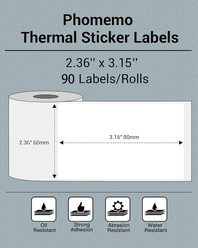 Phomemo Labels- 3 Rolls Thermal Label for M220/M221/M250/M200/M260 Thermal Paper 2.36"x 3.14"(60x80mm)- M220 Labels Multi-Purpose Sticker Label for Logo/Barcode/Stickers/Address, Total of 270 PCS