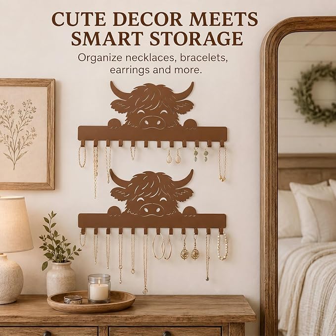 Hicarer 2 Pack Highland Cow Necklace Holder Wall Mount 24 Hooks Adhesive Metal Jewelry Organizer Farmhouse Home Storage Decor Gifts for Women Highland Cow Lovers for Earrings Bracelets Rings Keys