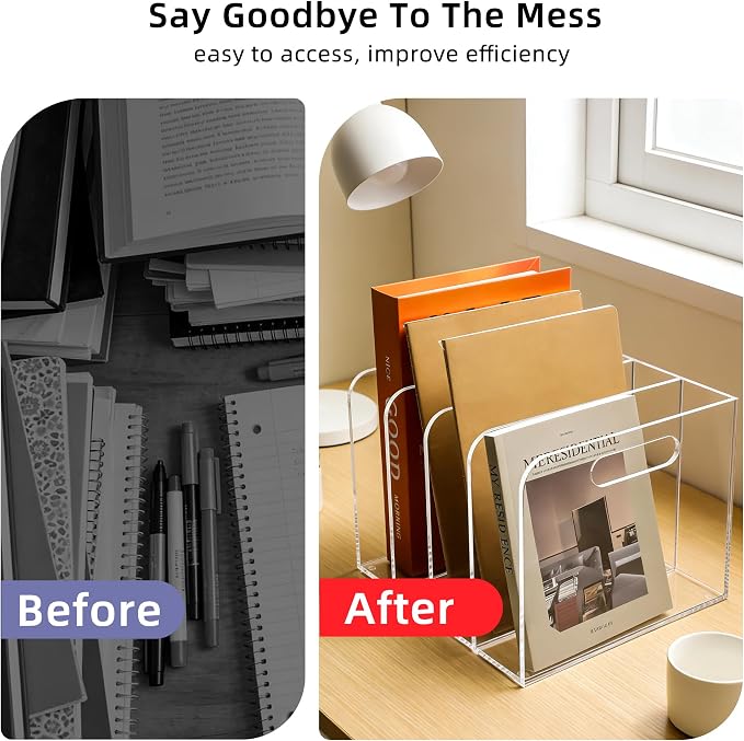 Clear Acrylic Magazine File Holder, 4 Compartment Desk Organizer | 4 spacious vertical compartments hold magazines, files, books & more. Clear acrylic, non-slip base. No assembly, portable.