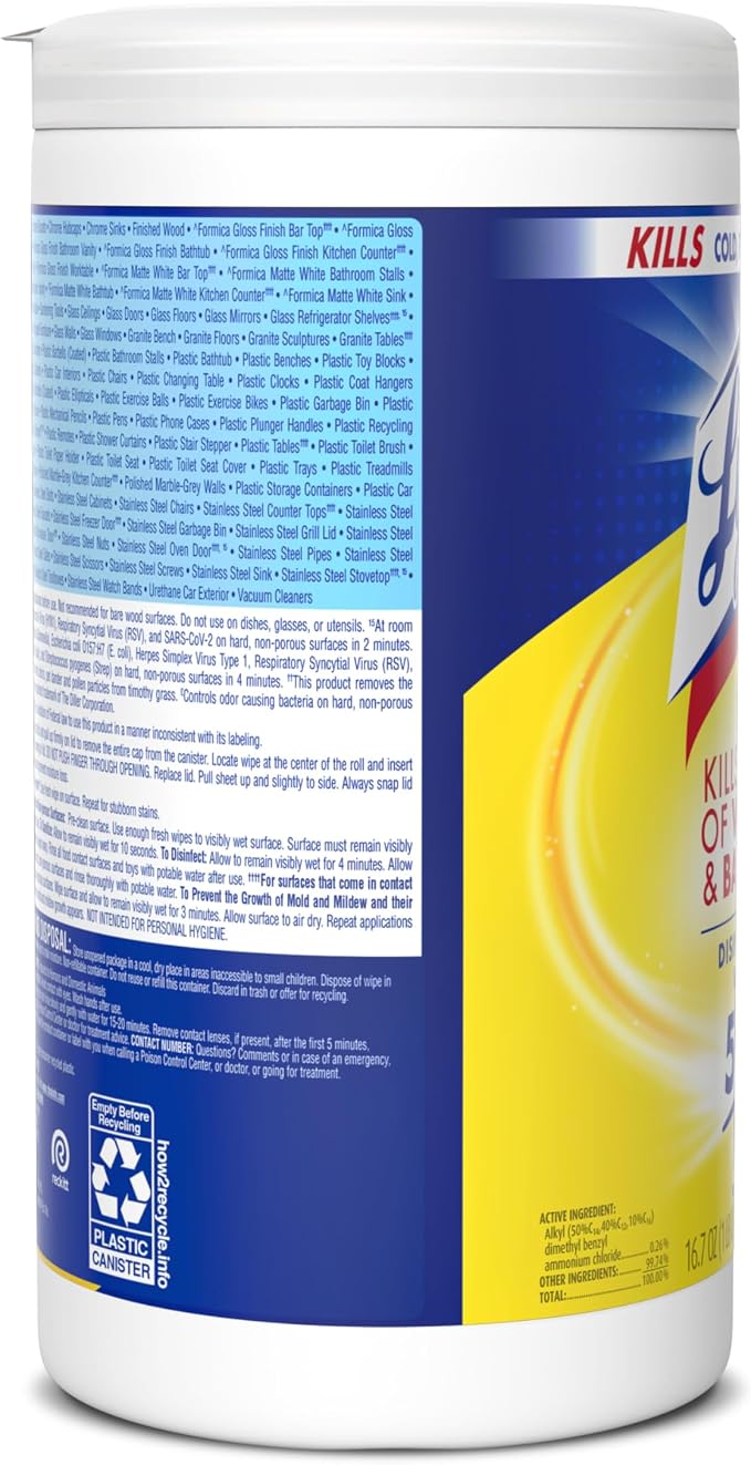 Lysol Disinfecting Wipes, Multi-Surface Cleaner, Lemon, 80 ct. | All Purpose Cleaner, Sanitizing, Deodorizing, Apartment Essentials, Back To School Cleaning Supplies, Kitchen & Bathroom Wipe