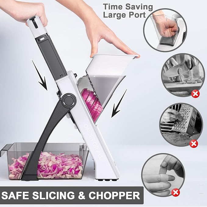 QYKIC Upgrade Safe Mandoline Slicer for Kitchen, Vegetable Chopper and Slicer, Potato Slicer Thickness Adjuster, French Fry Cutter, Veggie Onion Dicer Faster Kitchen Mandolin for Meal Prep