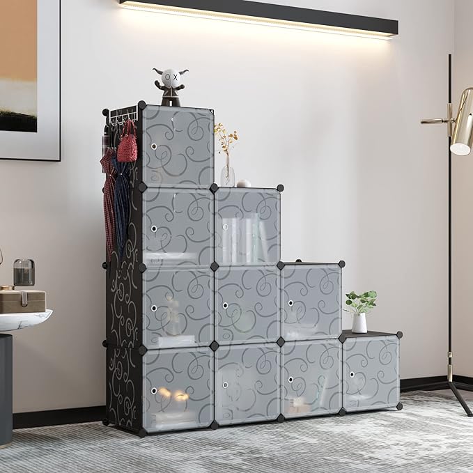 C&AHOME Cube Storage Organizer with Doors, 12-Cube Shelves, Closet Cabinet, DIY Plastic Modular Bookshelf Ideal for Bedroom, Living Room, 36.6”L x 12.4”W x 48.4”H Black USHS3012B-DOOR