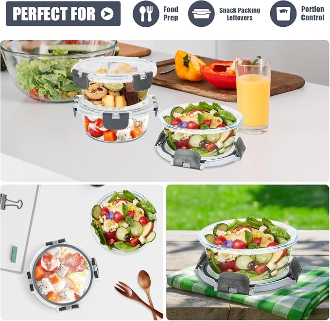 6 Pack 13oz Small Round Glass Meal Prep Containers with Airtight Lids | Perfect for Small Portions, Glass Food Storage Containers with Snap Lids, Freezer to Microwave Safe, Dishwasher Safe