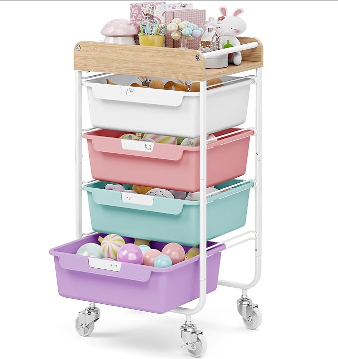 SYKIARIOL Rolling Utility Storage Cart,4 Labeled Ice Cream Colored Drawers with Wooden Tabletop, Art Craft Sewing Study Organizer Cart for Crafters,Artists,Sewing enthusiast,Kids,Teachers,Students