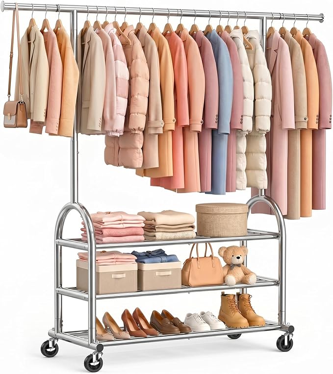 EAGMAK Heavy Duty Clothes Rack for Hanging Clothes Load 688 LBS, Height Adjustable Rolling Clothing Racks, Portable Metal Coat Rack Garment Wardrobe with Wheels and 3 Shelves for Bedroom, Silver