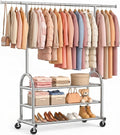 EAGMAK Heavy Duty Clothes Rack for Hanging Clothes Load 688 LBS, Height Adjustable Rolling Clothing Racks, Portable Metal Coat Rack Garment Wardrobe with Wheels and 3 Shelves for Bedroom, Silver