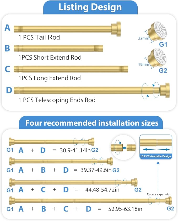 Gold Tension Curtain Rod 30-63Inch, Spring Curtain Rod No Drilling Adjustable Curtain Rod for Windows 7/8" Expandable Curtains Rods Tension Rods for Bathroom,Closets,Doorway,kitchen