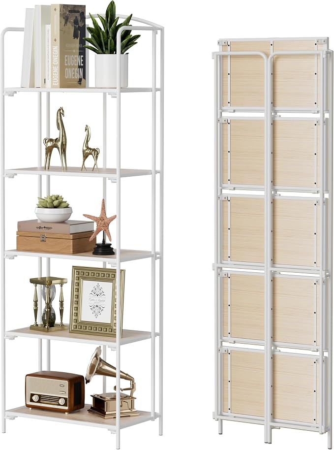 Crofy 5-Tier Foldable Bookshelf, White Frame & White Oak Shelves | No-Assembly Collapsible Portable Storage Organizer; Sturdy White Oak Finish Shelves; Ideal for Living Room & Home Office