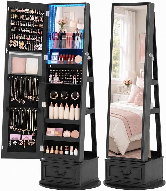Vlsrka Mirror Jewelry Cabinet Standing with Lights, Lockable, Swivel, Black | Standing Jewelry Armoire with Full Length Mirror, Large Jewelry Organizer Storage with Foldable Makeup Shelf, 3 LED Lights