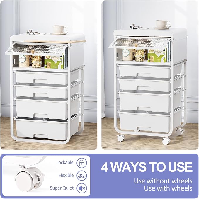SYKIARIOL Utility-Rolling-Storage-Drawer-Craft-Cart-Organizers with 4 Drawers & Dust-proof Door for Kid Craft Art Room,Bedroom,Home Office, 4 Tiers Drawer cart, White