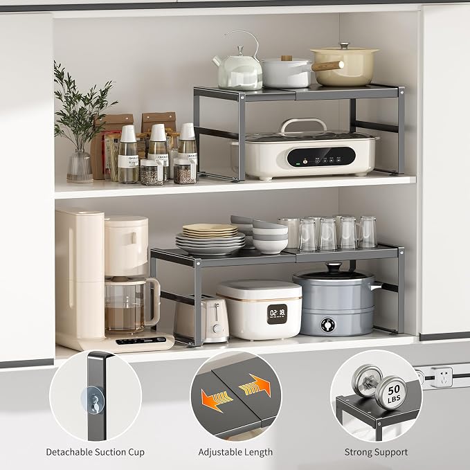 Expandable Kitchen Organizer Shelf, Cabinet Countertop Shelves | Riser Rack, For RV, Kitchen, Pantry, Cupboards, Under Sink and Counter Storage, Office, Adjustable Spice Rack
