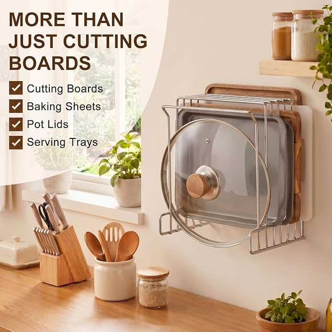 Geetery Wall Mount Cutting Board Rack 6-slot Metal Wire Polished Stainless Steel Cutting Board Organizer Holder for Commercial Kitchen Fits Baking Sheets and Pans Lids 9.5" x 7.4" x 10.5"