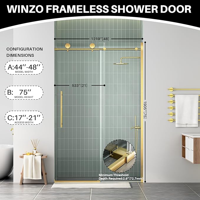 WinZo Frameless Shower Door 44-48 in W x 75 in H, Sliding Shower Door with 5/16"(8mm) Clear Tempered Glass Shower Door, Easy to Clean Bathroom, Silent Soft-Close Design, Brushed Gold