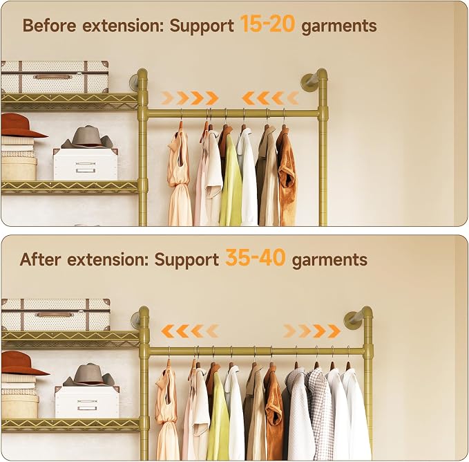H5 Wall Mounted Closet System, Industrial Pipe Clothes Racks Clothing Rack with 4 Telescopic Rods & 3 Fixing Rods & 9 Shelves, Heavy Duty Closet Organizers and Storage in Wardrobe Closet (Gold)