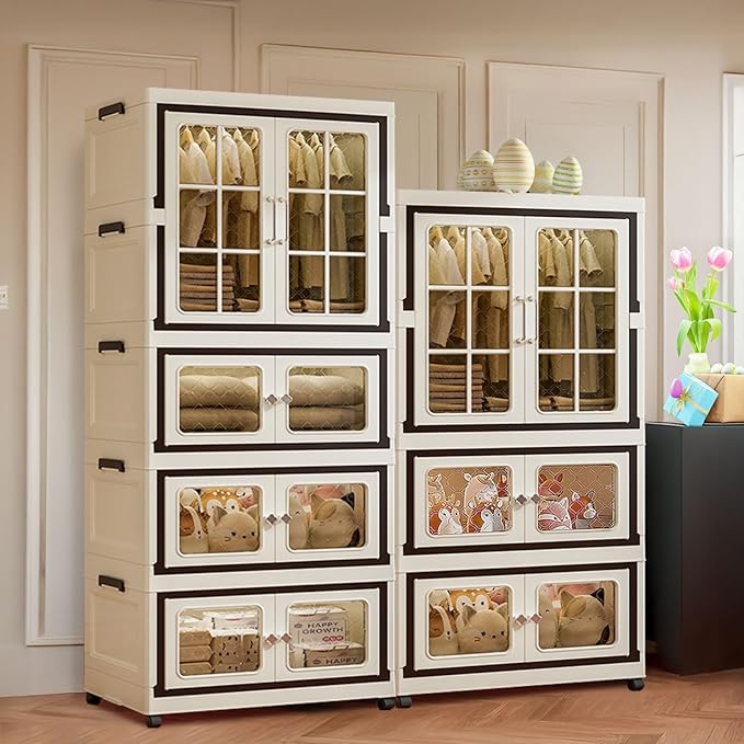 SunSettler Large Collapsible Plastic Storage Bins with Lid, Stackable Cabinets with Wheels, Folding Storage Cabinets, Stackable Closet Organizers for Home and Office