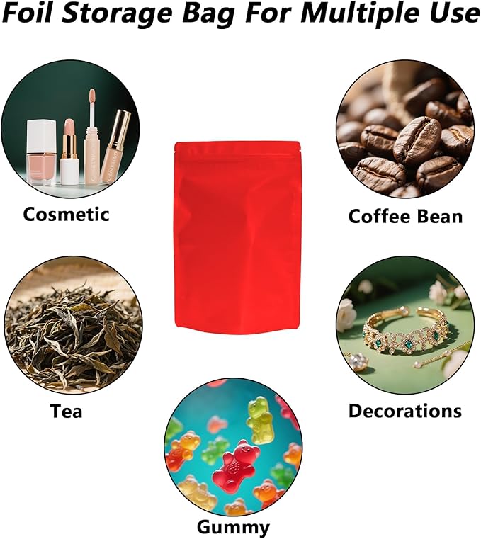 100PCS Smell Proof Resealable Pouch Bags,ULIFESTAR Aluminum Foil Flat Food Storage Bag,Sealable Pcsaging Zipper Pouches with Tear Notches for Pcsaging Lipgloss,Jewelry,etc(16 * 24cm/6.3 * 9.45",Red)