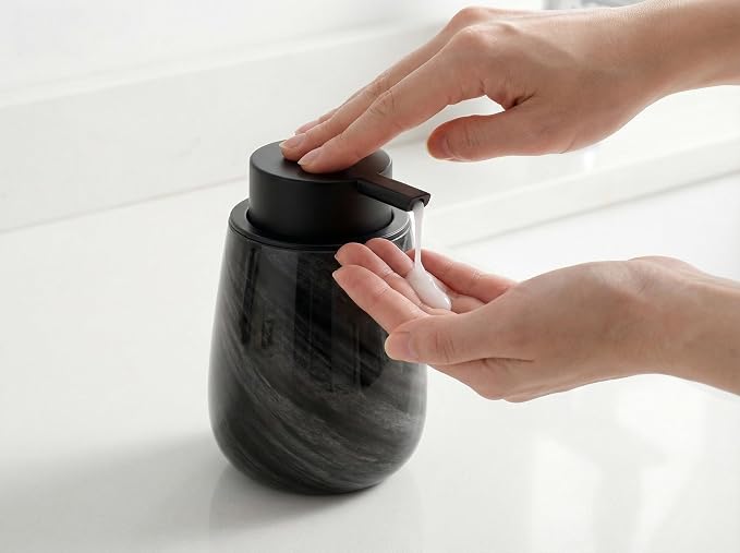 Marble Glass Liquid Soap/Lotion/Hand Sanitizer Pump Dispenser, Refillable for Kitchen and Bathroom Countertop (Black)