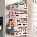 Sevenblue 4-Pack Magnetic Spice Rack for Refrigerator with Hooks, Pink | Strong multipurpose magnetic shelf for kitchen & bathroom organization. Includes 4 removable hooks for hanging items.