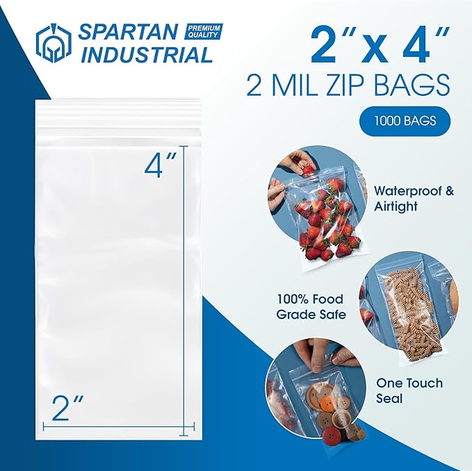 Spartan Industrial - 2” X 4” (1000 Count) 2 Mil Clear Reclosable Zip Plastic Poly Bags with Resealable Lock Seal Zipper