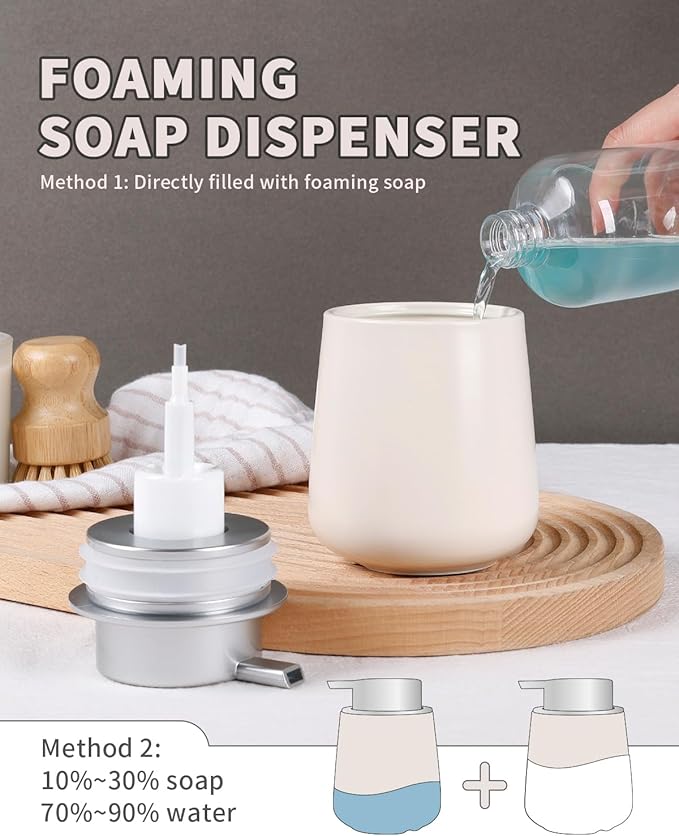 Bosilunlife 12Oz Ceramic Foam Soap Dispenser for Bathroom Kitchen Counter | Premium countertop foam pump creates delicate dense foam, stable desktop placement,Beige with Silver