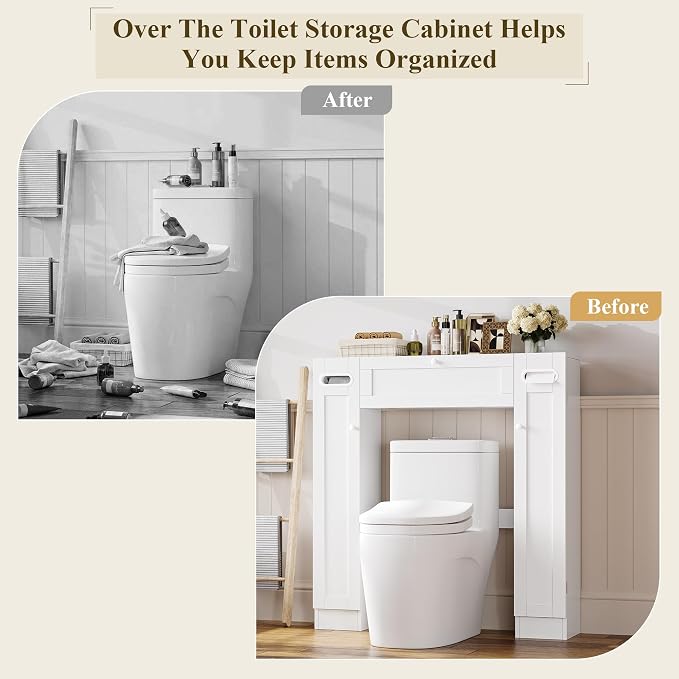 Keyluv Short Over The Toilet Storage Cabinet with Adjustable Shelves, 38.6" Low-Profile Over Toilet Bathroom Organizer with Built-in Paper Holder & Drop-Down Door for Small Bathroom, White