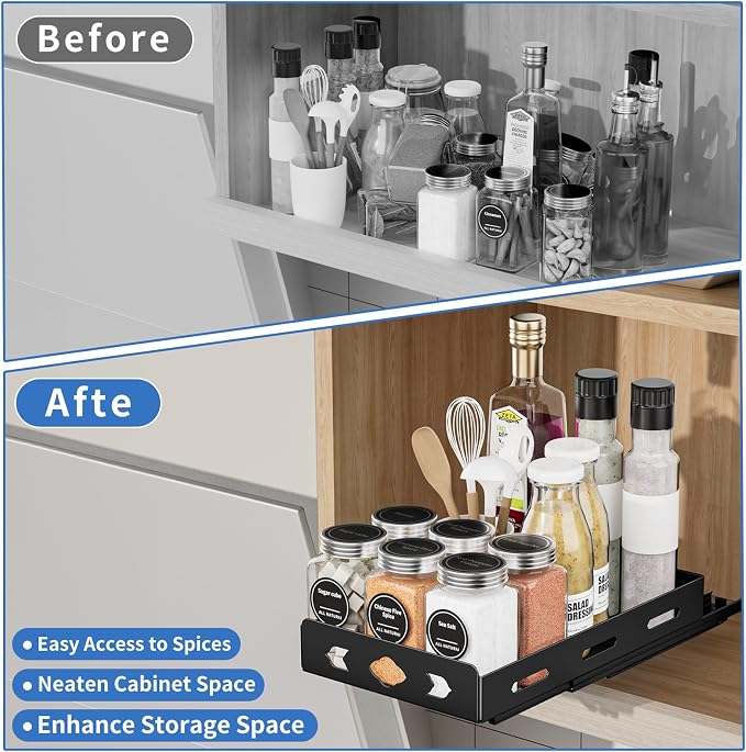 BOIVSHI Pull Out Spice Rack Organizer for Cabinet, Heavy Duty - Sliding Spice Rack, Vertical Spice Rack for Kitchen, Cabinet, Cupboard, Pantry (6.3''Wx10.5''Dx2.8''H, Metal Black)