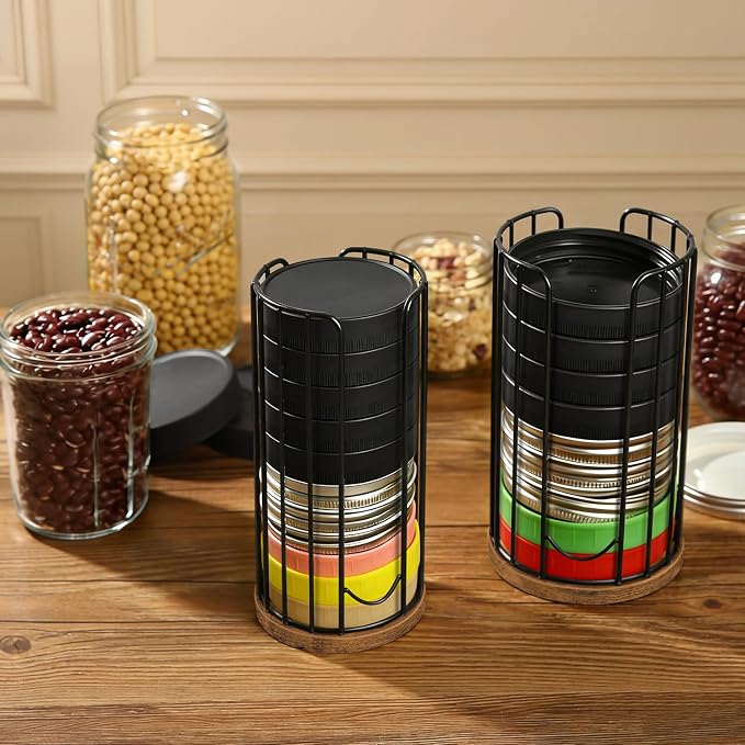 Mason Jar Lid Organizer, Metal & Wood Jar Lid Storage Holder | Rustic Canning Lid Organizer, Vertical Metal Wire Jar Lid Holder Caddy for Mason Jar Lids, Canning Lids and Rings, 2 Pack
