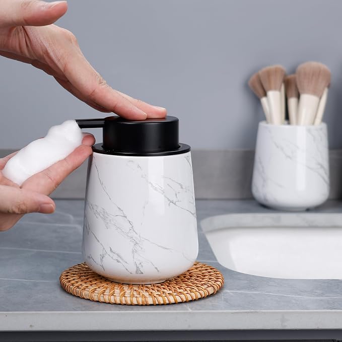 Bosilunlife 12Oz Ceramic Foam Soap Dispenser for Bathroom Kitchen Counter | Premium countertop foam pump creates delicate dense foam, stable desktop placement, Marble