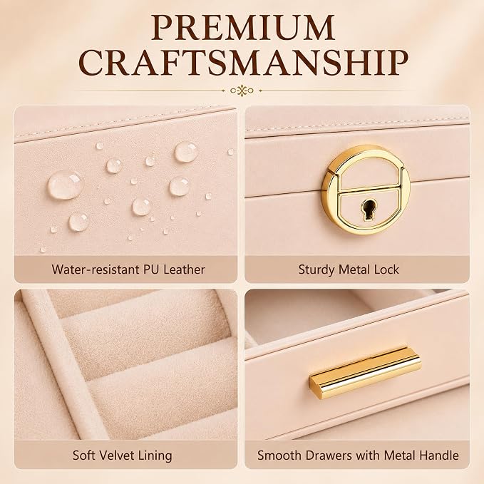 Jewelry Box for Women, Large Dresser Top Organizer with 3 Layers & 2 Drawers, PU Leather Storage Case for Earrings, Necklaces, Rings, Giftable Vanity Box (Cream white)