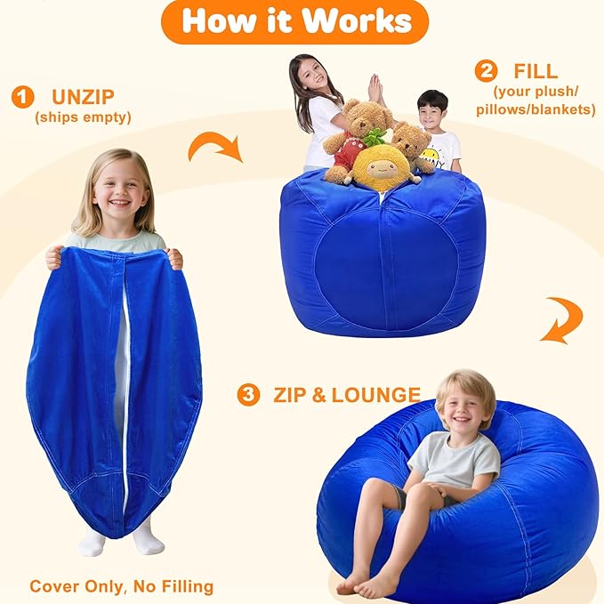 Lukeight Stuffed Animals Storage Bean Bag Chair Cover Only (Ships Empty, No Filling) - Velvet YKK Zipper Beanbag Cover for Toddlers and Kids, Washable Plush Toy Organizer, Large 27" D x 16" H