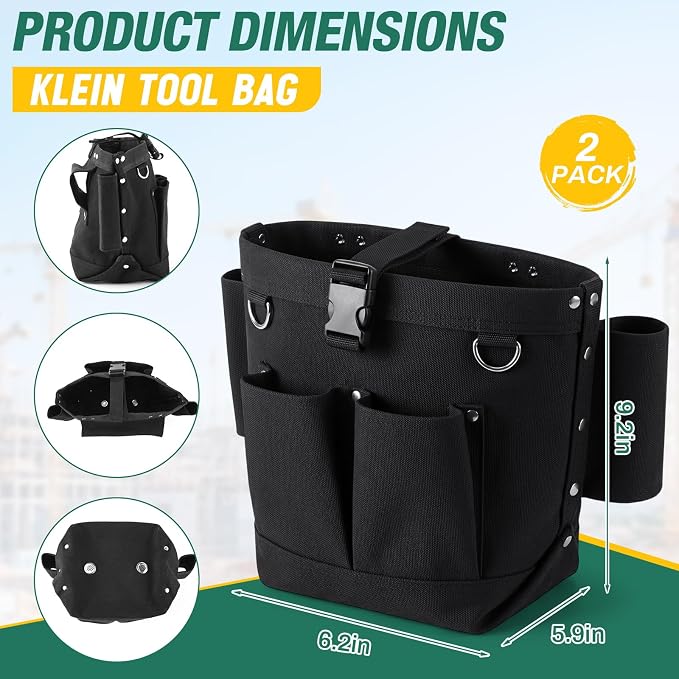 2 Pcs Tool Pouches 6" x 6" x 9", Small Tool Bags with Front Pocket, Tunnel Connection Double Reinforced Bottom, Belt Strap Connect, Bull Pin Loops for Spud Wrenches, Bolts & Outdoor Work