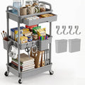 3 Tier Rolling Utility Cart with Drawer, Plastic Storage Organizer Rolling Carts with Wheels Handles Hanging Cups Hooks for Office, Bathroom, Kitchen,Craft Art Room (Grey)