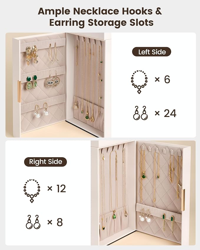 Lolalet Large Jewelry Box Organizer for Women, 7-Layer Jewelry Organizers and Storage Case with Mirror & 6 Drawers, Lockable Watch Ring Earring Bracelet Necklace Holder Girls Gift -7Layer, Beige