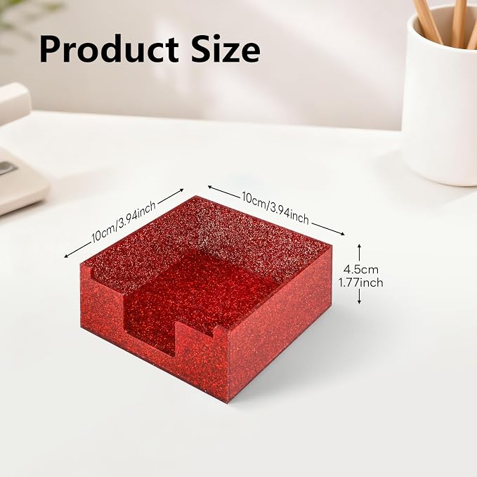 Acrylic Sticky Note Holder 4x4in Tray for Desk, Red Glitter | Sparkling glitter acrylic tray, fits 3x3 sticky notes, compact organizer for office school and home