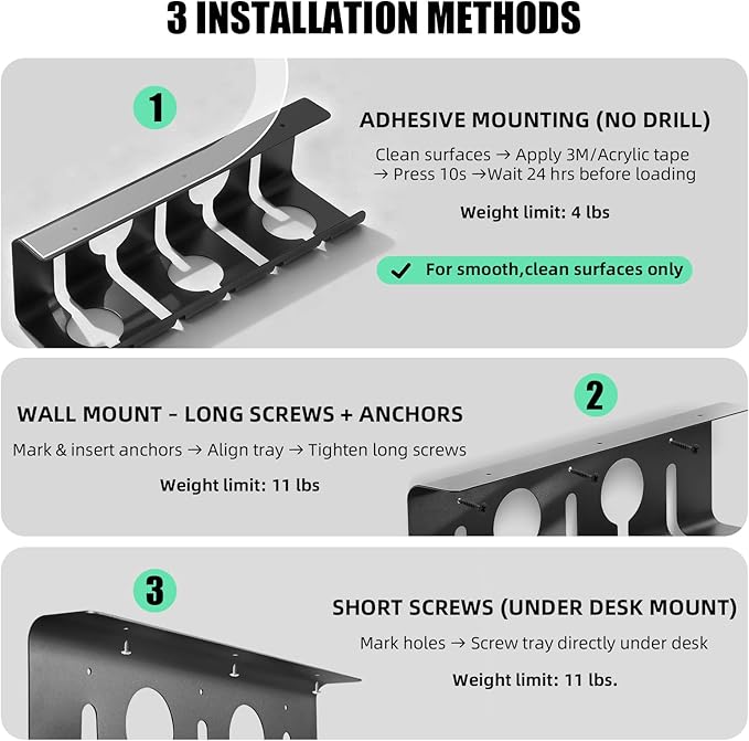 Cord Management Under Desk, 16.5" L x 4.7" W x 4.3" H, 2 Pack Under Desk Cable Tray, Wire Organizer for Power Strip, Tape Mount or Screw Mount, Easy Install Cord Raceway for Desk & Home