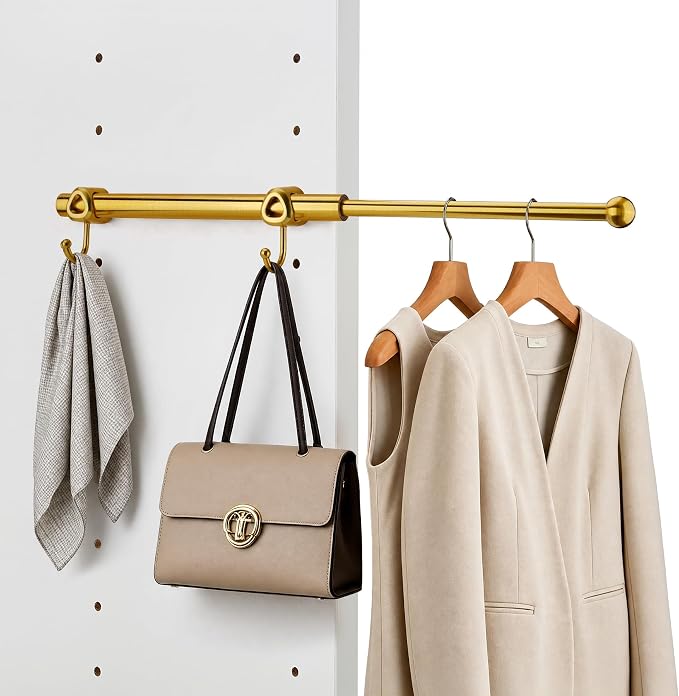 12" Valet Rod for Closets Pull Out, Closet Valet Rod Slide Out with 2 Hooks, Brushed Gold