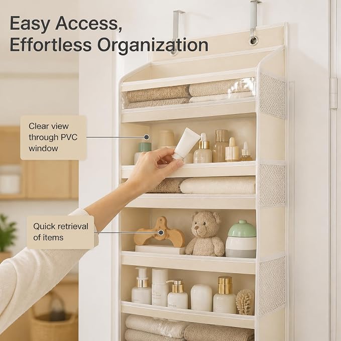 Over The Door Storage Organizer - Hanging Storage Organizer for Pantry Bedroom of Door Organizer 6 Large Pockets 12 Side mesh Pockets and 6 Bottom Panels Beige