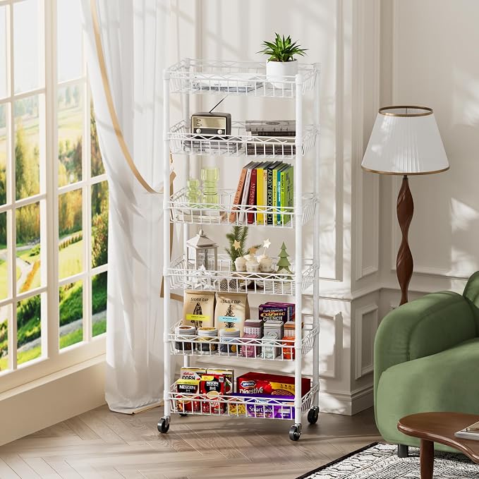 SINGAYE 6 Tier Shelf Wire Shelving Adjustable Storage Shelves Basket Rack | Adjustable Shelves with Wheels Metal Storage Unit Closet Bathroom Organizers Pantry Kitchen Garage Laundry Room White