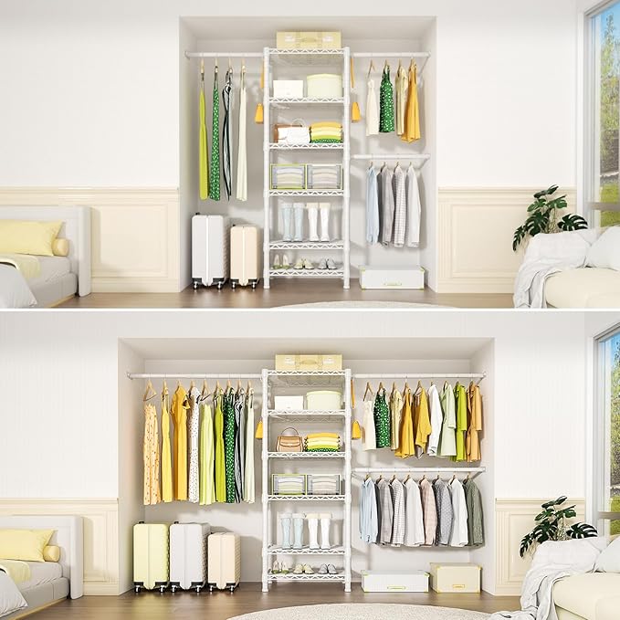 Ulif M5 Wall Mounted Clothes Garment Rack, Heavy Duty Closet Storage and Organizer with 6 Shelves and 3 Expandable Hanger Rods, Space Saver Suit (46.2-102.4)" W x 14" D x 83.1" H, White