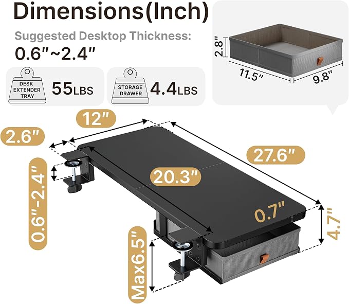 PEGZONE Desk Extender Tray, 28" x 12", with Storage Drawer, Large, Black | Desk Extension, Clamp on Desk Shelf, Clamp On Keyboard Tray for Office and Home, Workstation Organizer