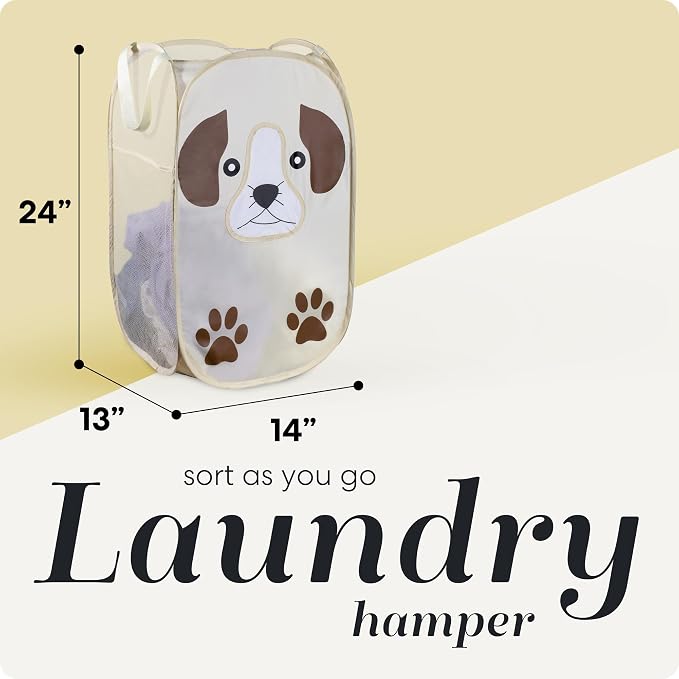 Pop Up Laundry Hamper, Cute Puppy 71L Collapsible Mesh Basket with Handles | Breathable Foldable Clothes Basket, Reinforced Handles, Side Pocket - for Dorm, Travel, Kids Room, Bedroom - Handy Laundry