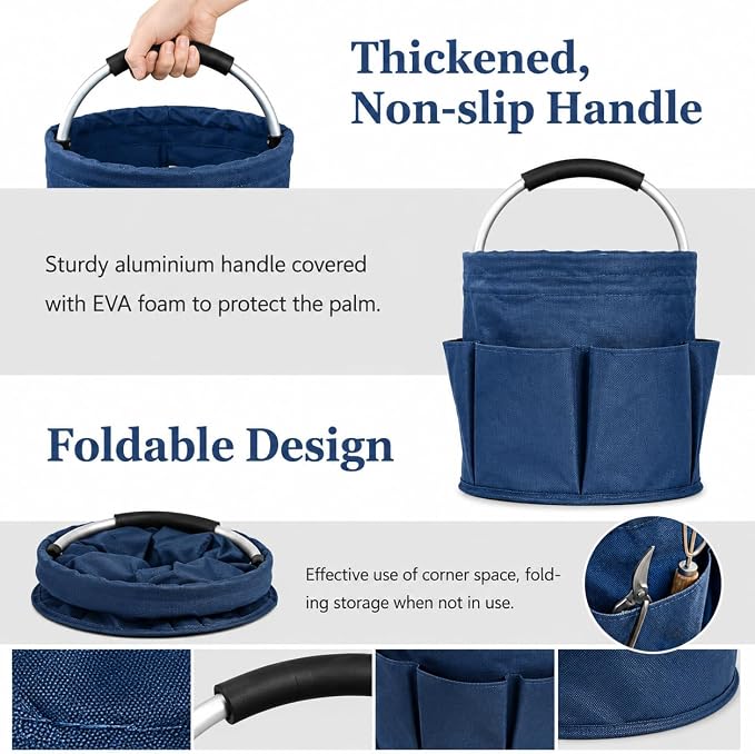 Garden Tool Organizer Tote with Non-Slip Handle – 4.5-Gallon Water-Resistant Bucket Bag with 6 Side Pockets, Portable Gardening and Outdoor Utility Bag for Yard Work, Garage, Beach & Camping